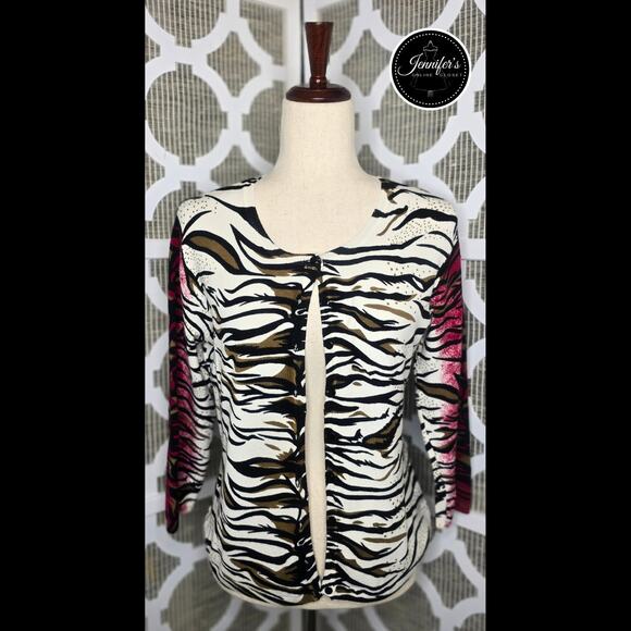 Elizabeth New York Vintage Cream Black Red Animal Print Cardigan Size Large - Picture 1 of 11